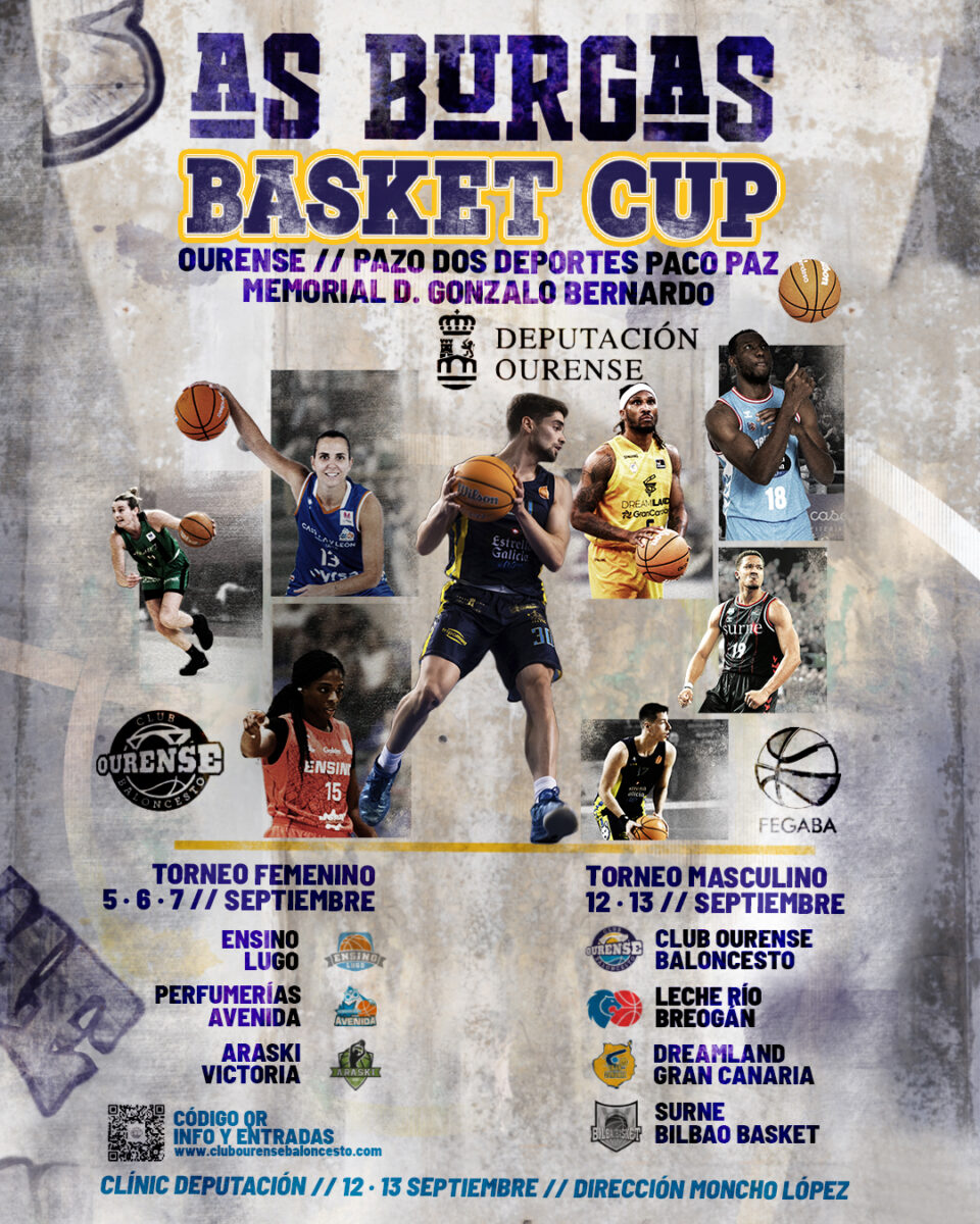  otro desafío en la pretemporada del Dreamland Gran Canaria",Torneo As Burgas Basket Cup con información sobre equipos y fechas del evento.
