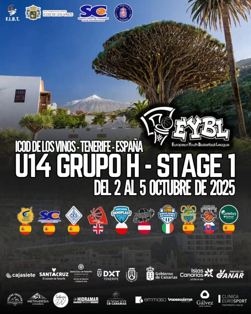 Cartel del torneo U14 Grupo H de la European Youth Basketball League en Tenerife, 2025.